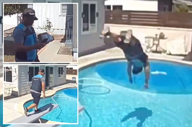 Moment Amazon deliveryman dives into customer’s pool fully clothed