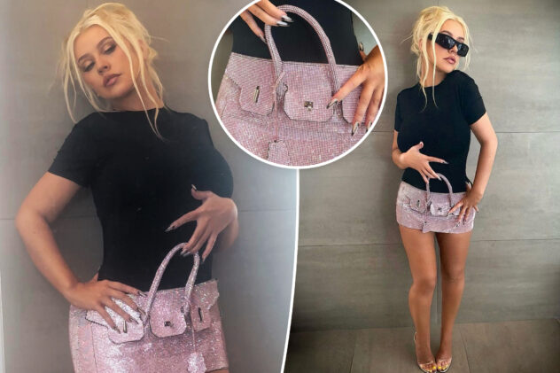 Christina Aguilera wears a blinged-out Birkin bag as a micro-miniskirt