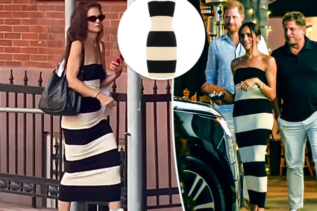 Katie Holmes steps out in Meghan Markle’s black-and-white striped Posse dress