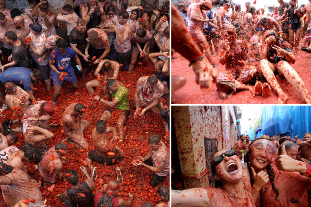 Rotten tomatoes: 15,000 people hurl overripe fruit in annual Spanish food fight