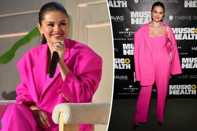 Selena Gomez channels Barbie in hot pink corset suit set at mental health event