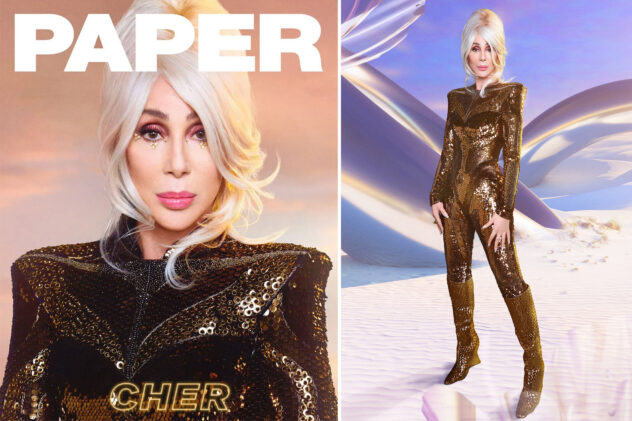 Cher is ‘as fierce as ever’ at 77 in sequined catsuit and face gems on Paper magazine cover