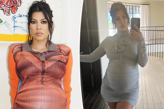 Pregnant Kourtney Kardashian shows off baby bump in sheer dress 