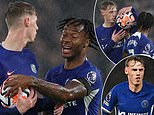 Raheem Sterling and Cole Palmer tussle over penalty in clash with Arsenal... but it's the former Man City academy startlet who wins the ball to open the scoring at Stamford Bridge