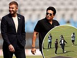 David Beckham joins legend Sachin Tendulkar for a kickabout with India's team ahead of their Cricket World Cup semi-final against New Zealand