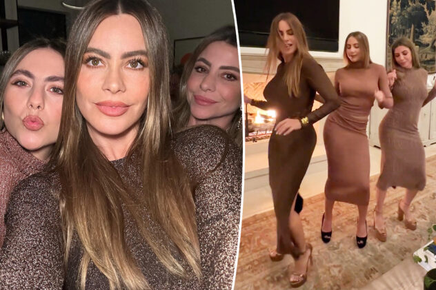 Sofía Vergara dances with her sister and niece in matching brown glitter outfits on Thanksgiving