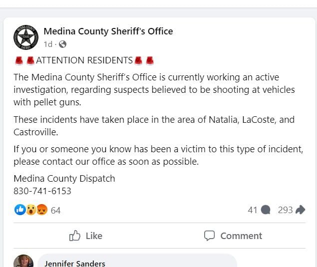 Medina County Sheriff investigators searching for suspects accused of shooting at random vehicles