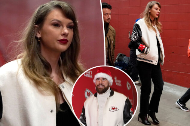 Taylor Swift arrives at Travis Kelce’s game wearing Chiefs jacket that matches boyfriend’s
