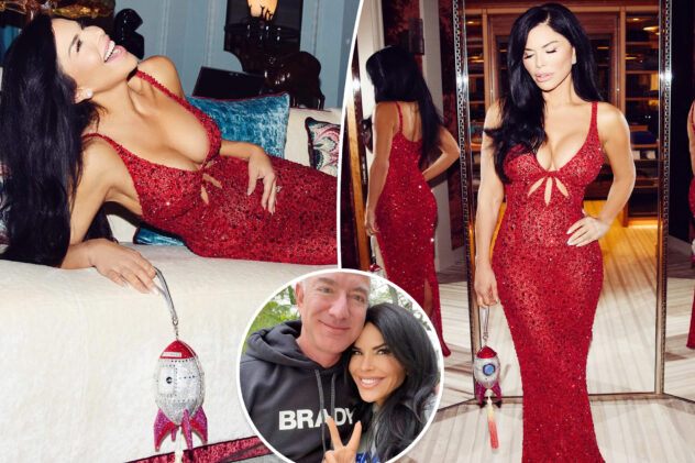 Lauren Sánchez styles scarlet gown with $5K bedazzled rocket ship bag for Jeff Bezos’ 60th birthday