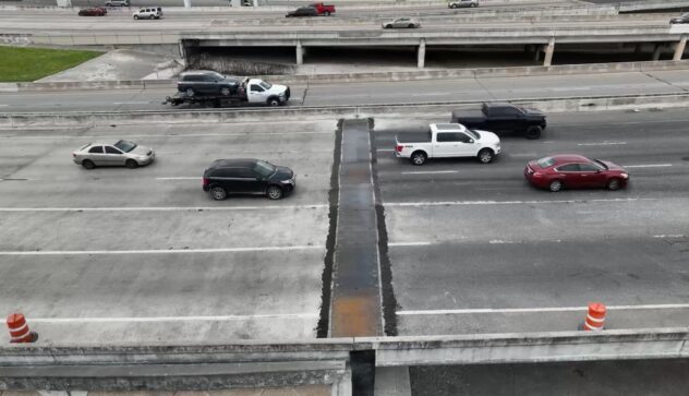 KSAT drone video shows metal plate over I-10 West, causing concerns for drivers
