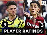 PLAYER RATINGS: Bukayo Saka keeps his cool to net a brace and Declan Rice returns to haunt former club West Ham... while Nayef Aguerd endures a torrid afternoon at the London stadium