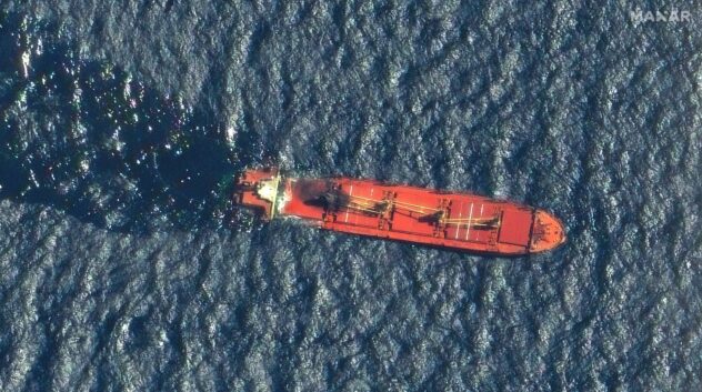 A ship earlier hit by Yemen's Houthi rebels sinks in the Red Sea, the first vessel lost in conflict