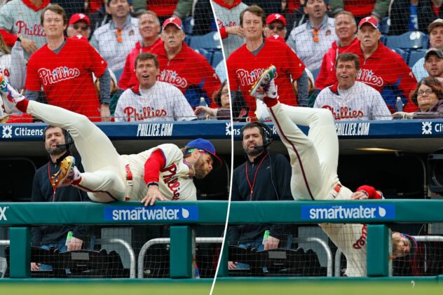 Bryce Harper takes nasty spill into Phillies dugout after brutally missing foul ball