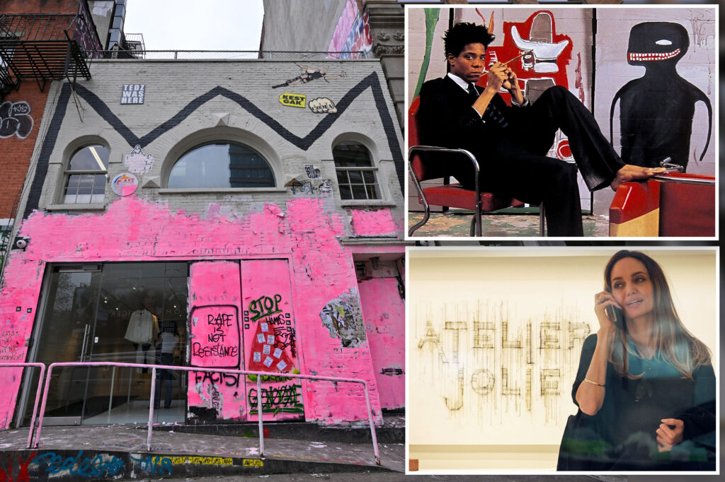 Pink plastered across Angelina Jolie’s NYC fashion shop and ex-studio of Jean-Michel Basquiat, blotting out street art