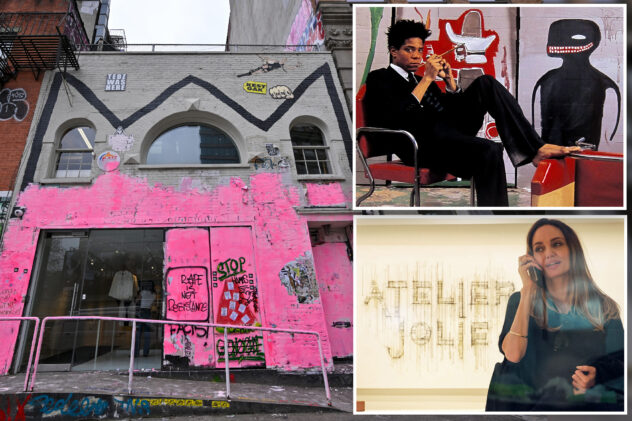 Pink plastered across Angelina Jolie’s NYC fashion shop and ex-studio of Jean-Michel Basquiat, blotting out street art