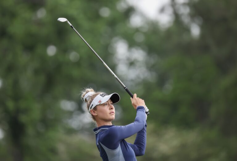Nelly Korda, seeking fifth straight victory, trails by one after play was suspended at LPGA's Chevron Championship
