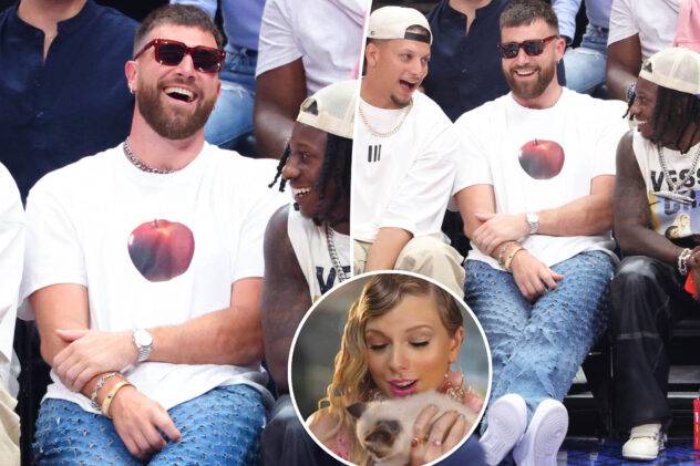 Jason Kelce makes fun of brother Travis’ courtside look with Taylor Swift cat joke