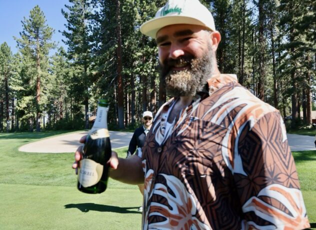 Jason Kelce wins American Century Championship's Long Drive Competition, celebrates with bubbly