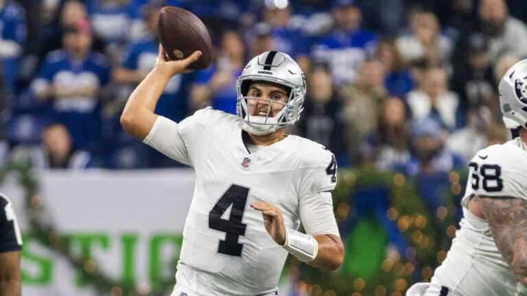 Las Vegas Raiders' Aidan O'Connell provides an update on QB competition after the first day of training camp