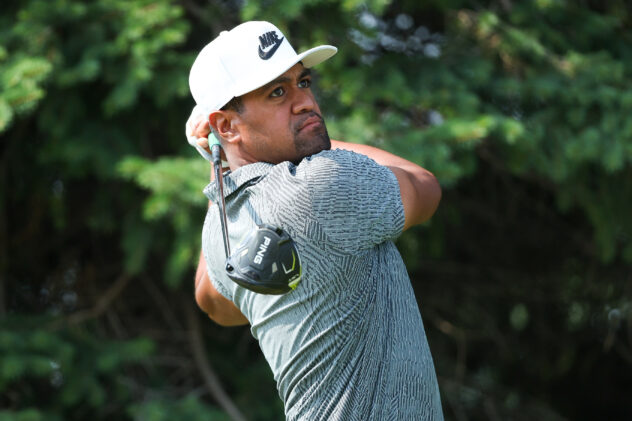 Tony Finau confronted with 'pay your debts' signs by protestors at Utah golf course