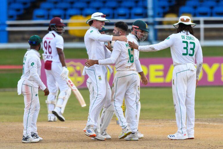 Maharaj's 28-over spell applies squeeze on West Indies on rain-affected day