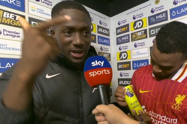 Ibrahima Konate kicks off during Sky Sports interview over man of the match award