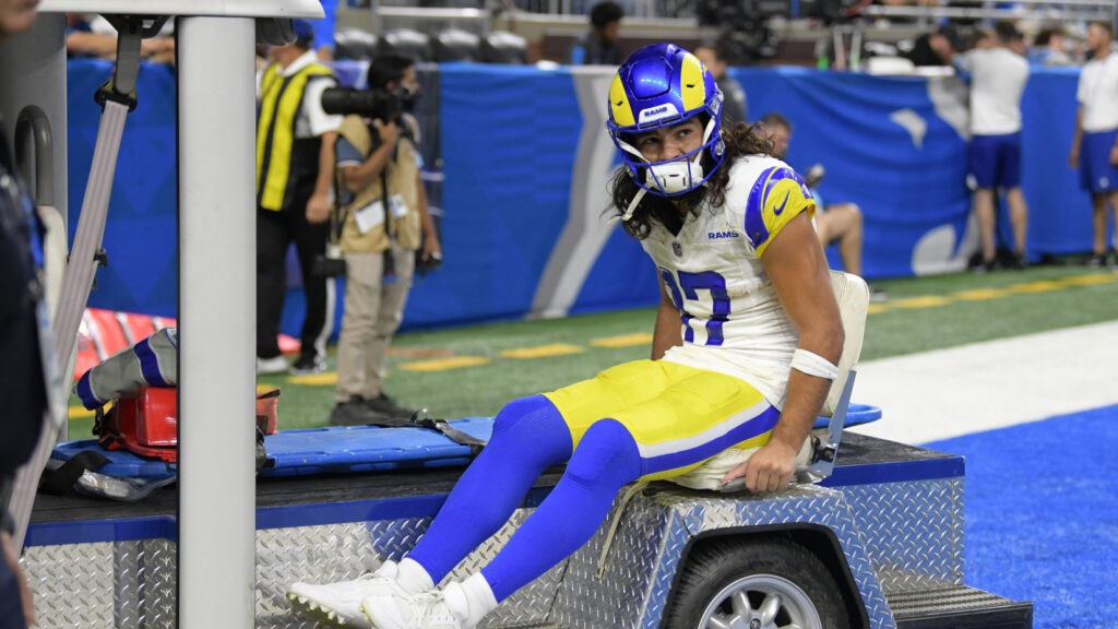 Rams WR Puka Nacua carted off the field after suffering knee injury