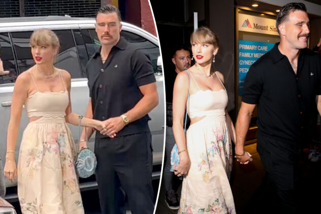 Travis Kelce coordinates with Taylor Swift in her favorite fashion brands for Karen Elson’s wedding