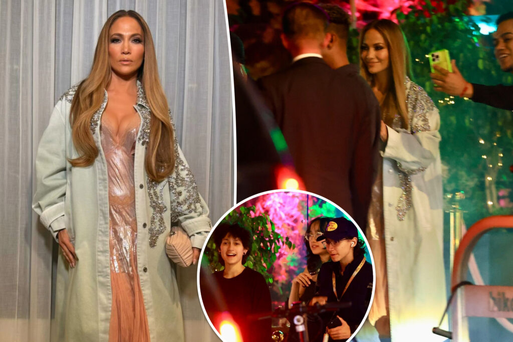 Jennifer Lopez goes glam for dinner with twins Max and Emme, 16, and vocal coach Stevie Mackey