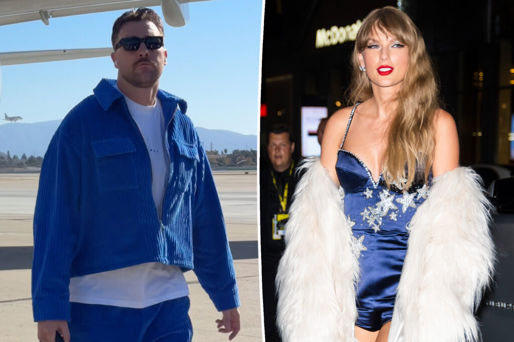 Travis Kelce channels Taylor Swift’s ‘Midnights’ era in blue corduroy ensemble ahead of Chiefs vs. 49ers game