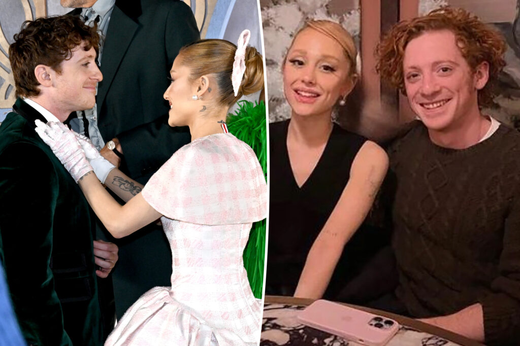 Ariana Grande sweetly fixes boyfriend Ethan Slater’s bow tie at ‘Wicked’ premiere