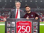 Bruno Fernandes receives a framed shirt from Sir Jim Ratcliffe to mark Man United landmark - before opening the scoring against Leicester