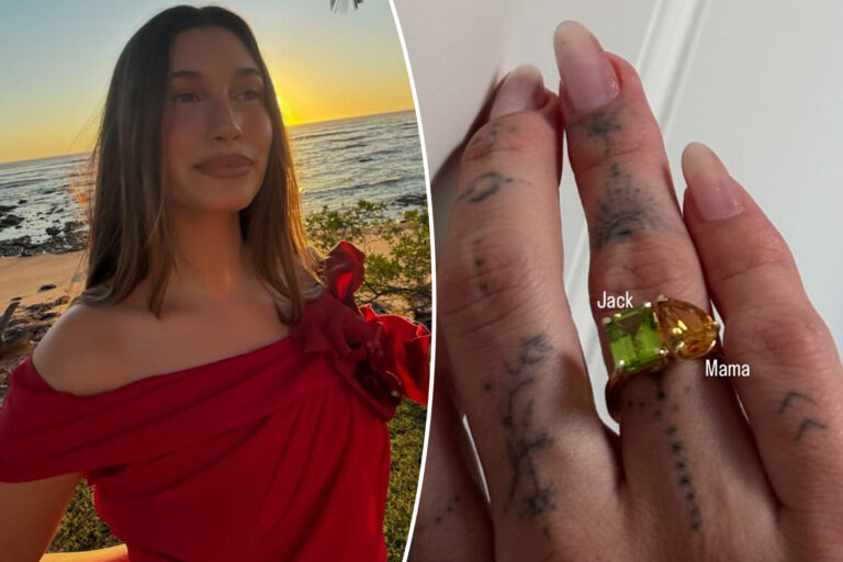 Hailey Bieber flaunts massive birthstone ring for her and baby Jack Blues 4 months after giving birth