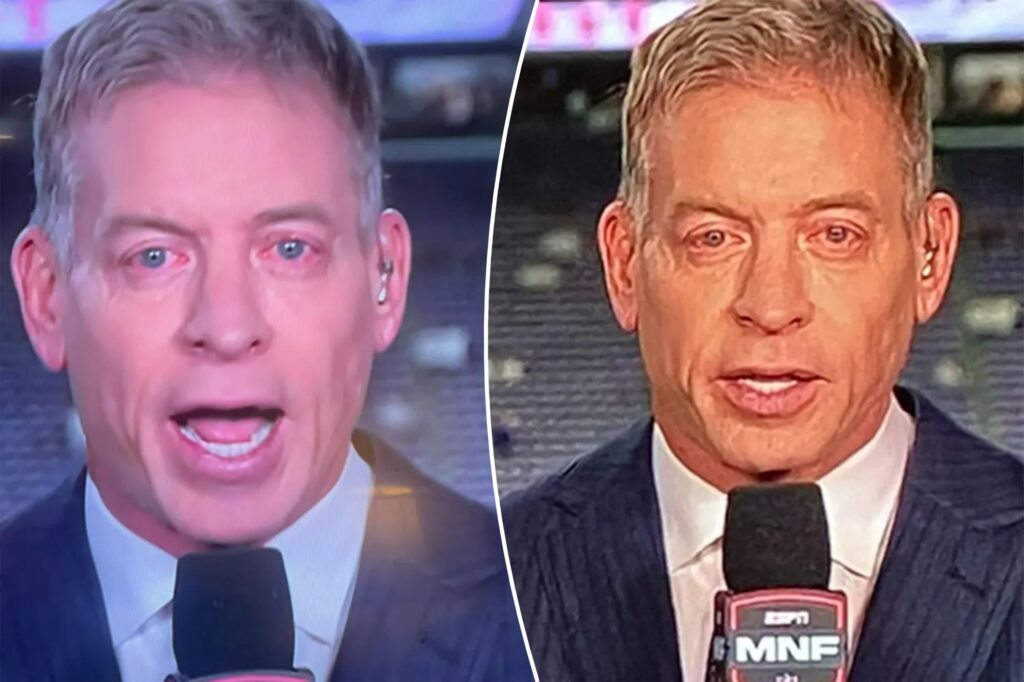 Troy Aikman’s red eyes spark fan concern during ‘MNF’ broadcast: ‘What in the world is wrong?’