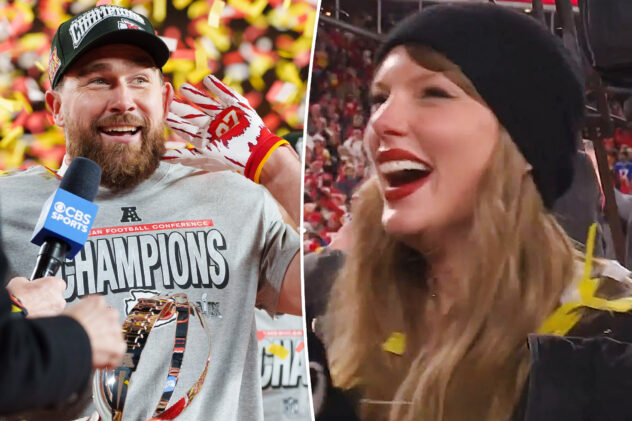 Watch Taylor Swift crack up over Travis Kelce singing ‘Get Down Tonight’ after AFC Championship win