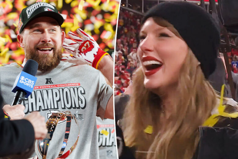 Watch Taylor Swift crack up over Travis Kelce singing ‘Get Down Tonight’ after AFC Championship win