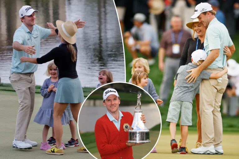 Russell Henley embraces wife Teil and kids after clutch $4 million Arnold Palmer win