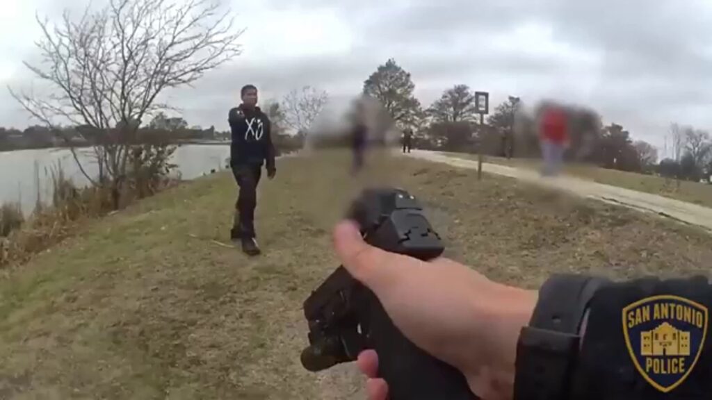 SAPD releases footage of park police officer shooting suspect armed with knife who drove vehicle into Woodlawn Lake