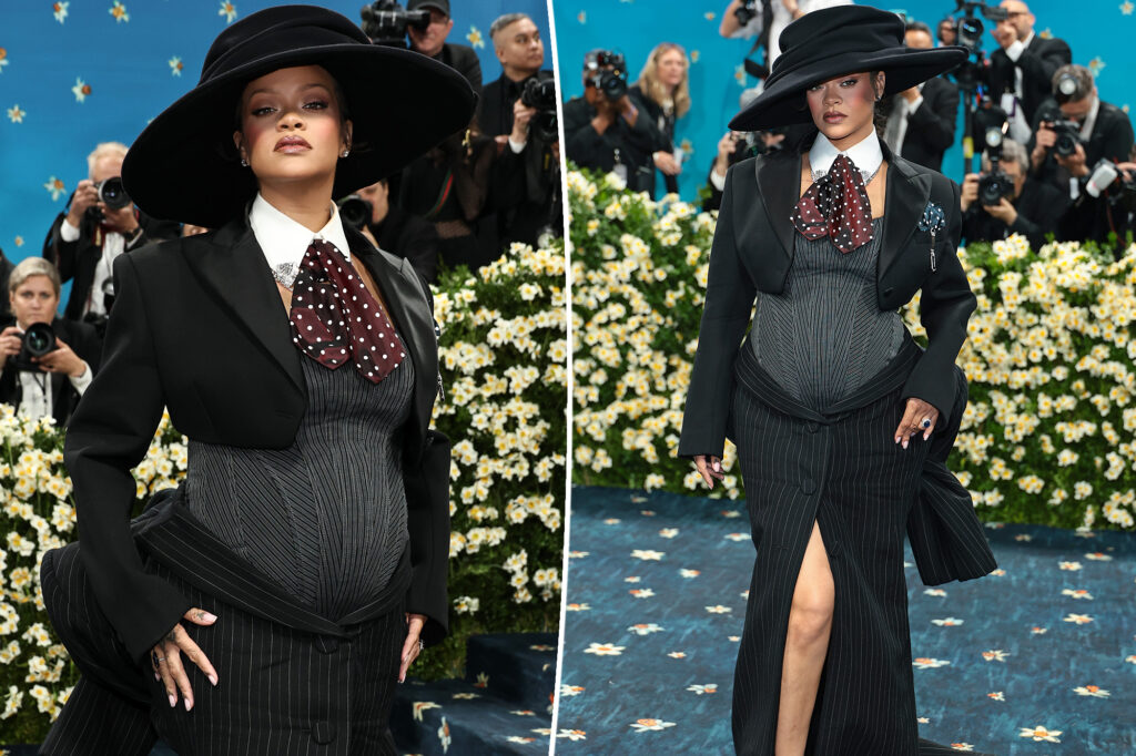 Pregnant Rihanna shows off baby bump in bustier and deconstructed suit on Met Gala 2025 red carpet