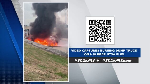 KSAT Connect video captures dump truck on fire after crash on Interstate 10 near UTSA Boulevard