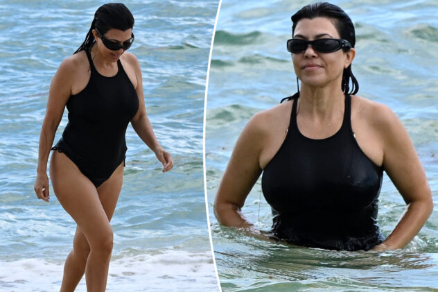 Kourtney Kardashian flaunts her assets in a thong swimsuit after dispelling pregnancy rumors