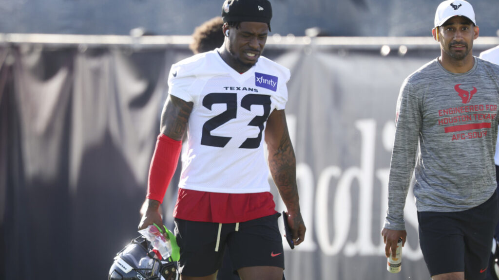 Texans safety C.J. Gardner-Johnson leaves practice on a cart after suffering scary injury during training camp