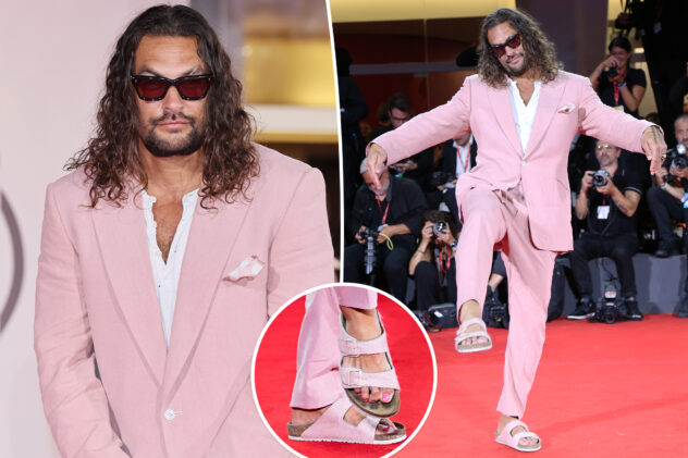 Jason Momoa matches toenail polish to pink suit at ‘In the Hand of Dante’ premiere