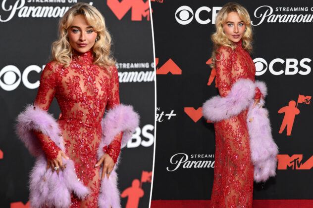 Sabrina Carpenter brings the heat in a red see-through gown on the VMAs 2025 red carpet
