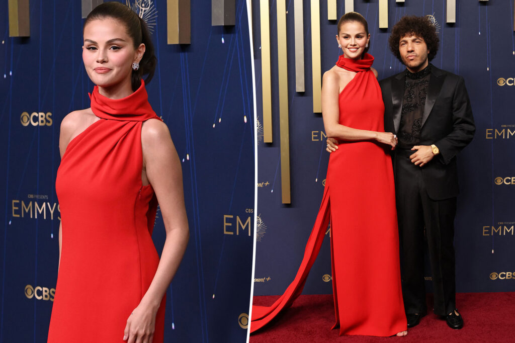 Selena Gomez is radiant in red at Emmys 2025 with Benny Blanco
