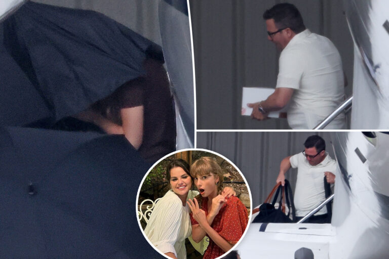 Taylor Swift hides under umbrellas as she lands in California for BFF Selena Gomez’s wedding
