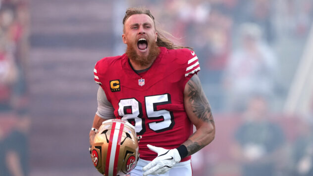 49ers TE George Kittle shares hilariously sweet moment with Kyle Juszczyk's wife before Week 7 matchup
