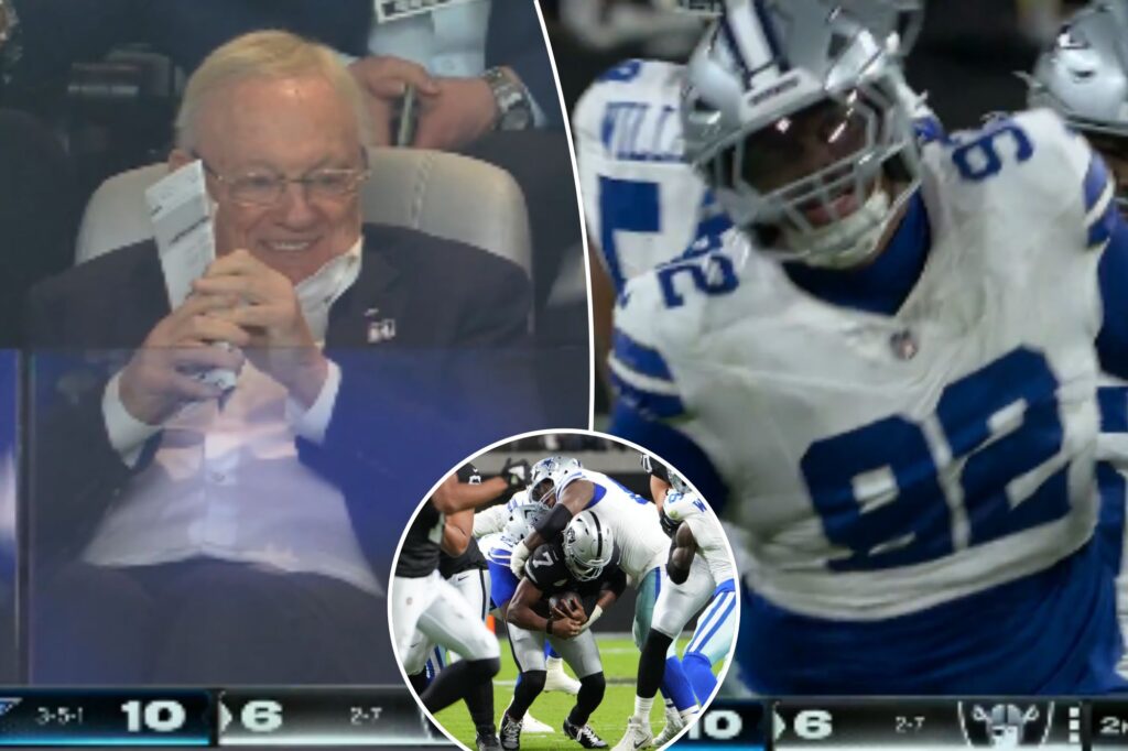 Jerry Jones can’t stop smiling while watching Quinnen Williams record first sack as Cowboy