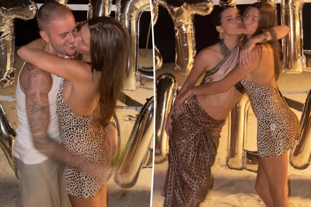 Justin Bieber and wife Hailey passionately kiss in rare PDA photo at Kendall Jenner’s 30th birthday party