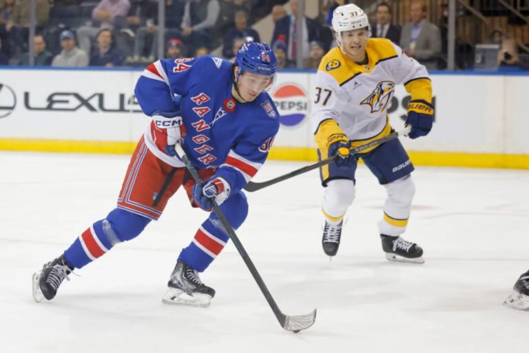 Star prospect Gabe Perreault notches first NHL point in season debut on Rangers’ top line